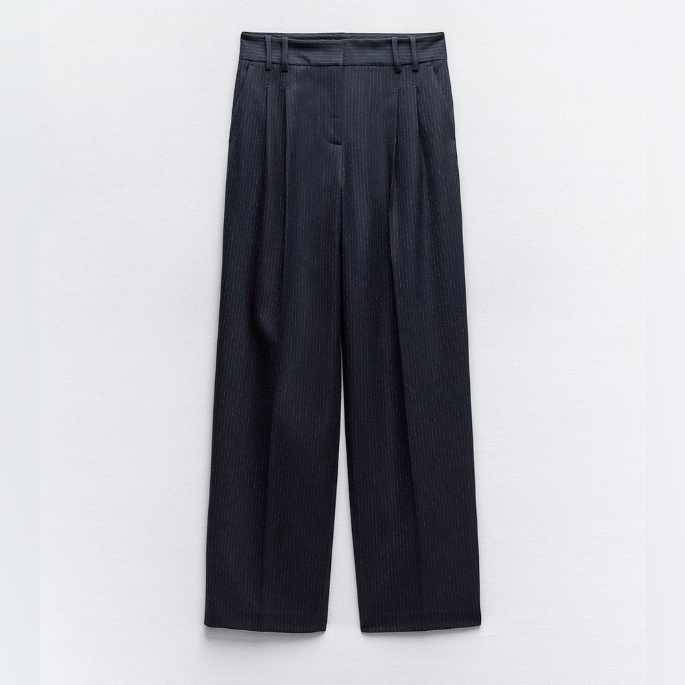 Zara - Navy Blue Pinstriped Pleated Straight Leg Pants